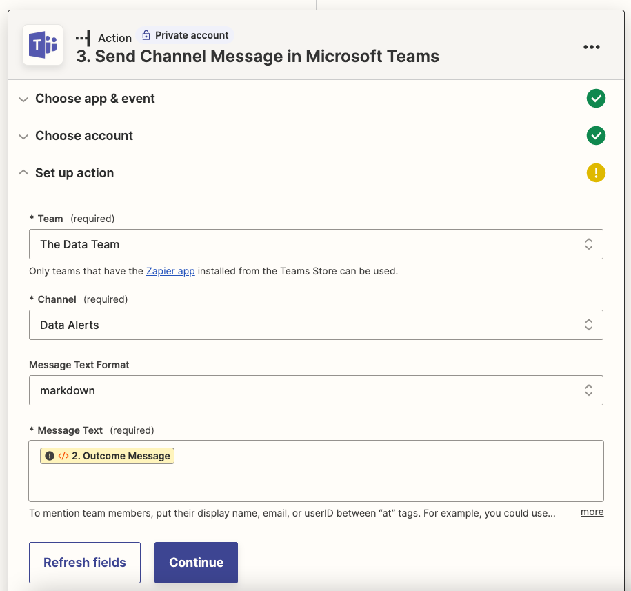 Screenshot of the Zapier UI, showing the mappings of prior steps to an MS Teams message